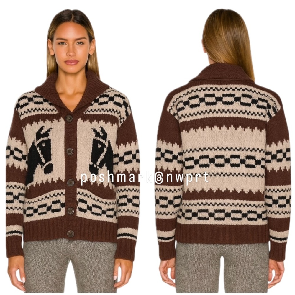 Naked Cashmere 🐴 Ryder Cardigan Intarsia Knit Sweater Horse Pony Brown Black XS - Picture 3 of 13